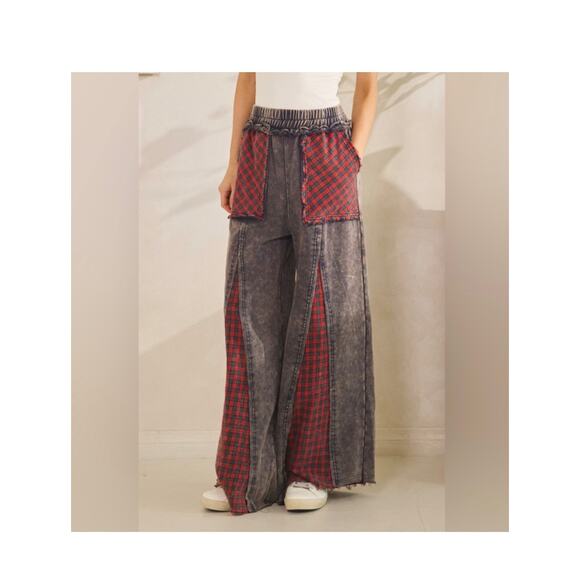 Sage + Fig Wide Leg Plaid Patchwork Washed Pants - Blue - Picture 7 of 7